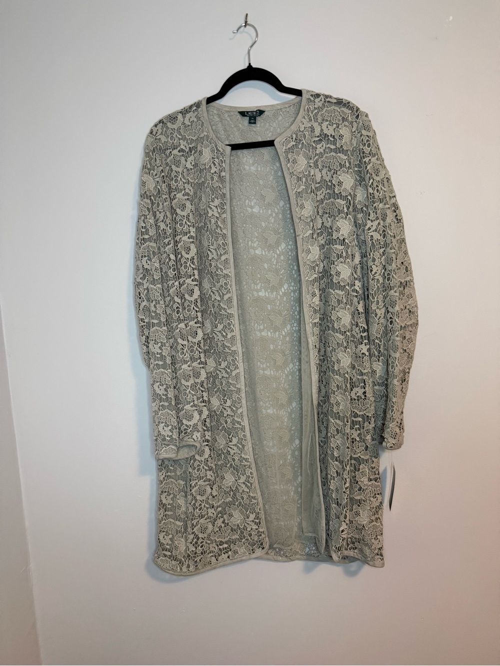 NWT Ralph Lauren Lace Open-Front Cardigan in Light Gray